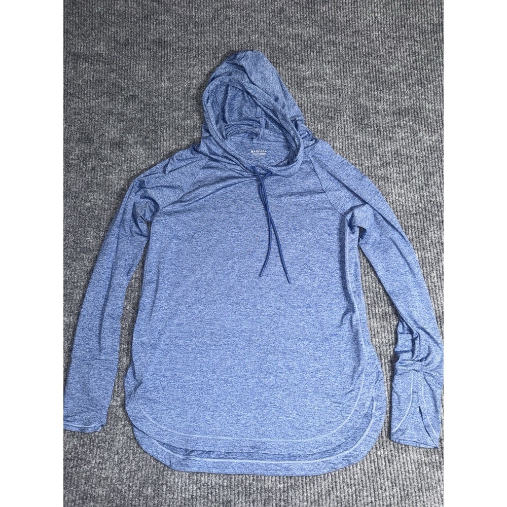 Athleta Blue Pullover Hoodie Women's M Polyester Hooded Thumb‎ Holes Drawstring